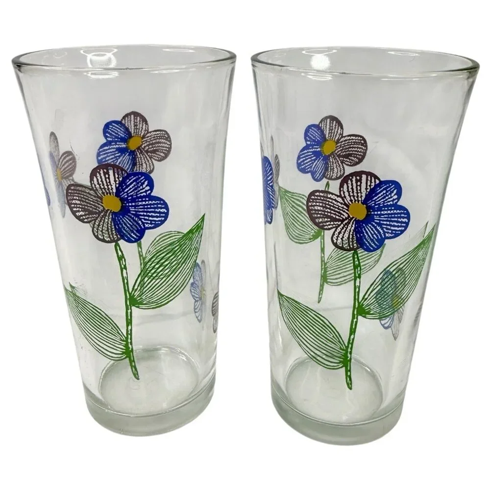 Set Of 2 Floral Glass Tumblers Blue & Purple Flowers Beverage Drinking MCM Clear